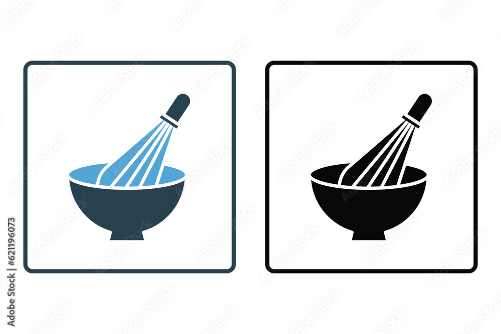 Poster mixing bowl icon with whisk. icon related to element of bakery, cook, kitchen. solid icon style desi