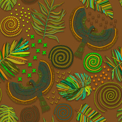 Tropical pattern. Palms. Palm leaves, fruits, pineapple, lemon, bananas. Fright. Ornament for clothes, textiles and interior