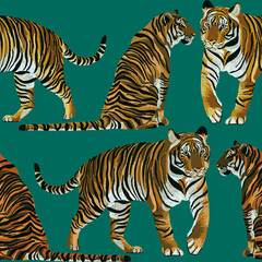 Obraz premium Animal Tiger Art Seamless Pattern. Animal wildlife illustration Background Wallpaper. Safari Wildlife. Sequin embroidery style print. Ornament for clothes, textiles and interior