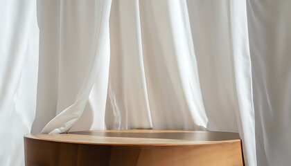 Fototapeta na wymiar curtains in the window, a round wooden table sitting in front of a white curtain, a 3D render by Carol Bove, cg society contest winner, photorealism, vray tracing,(AI generative)