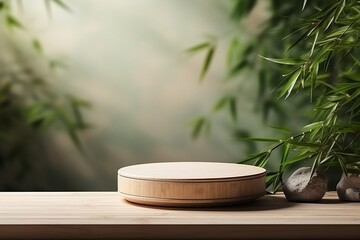 Bamboo product display podium for natural aesthetics, Generative Ai