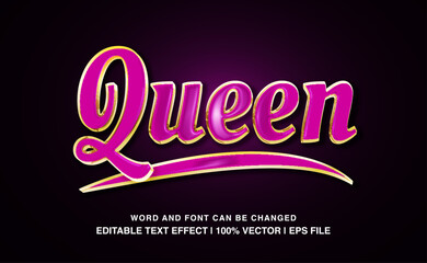Editable text effect queen, pink bold shiny gold template style, premium vector