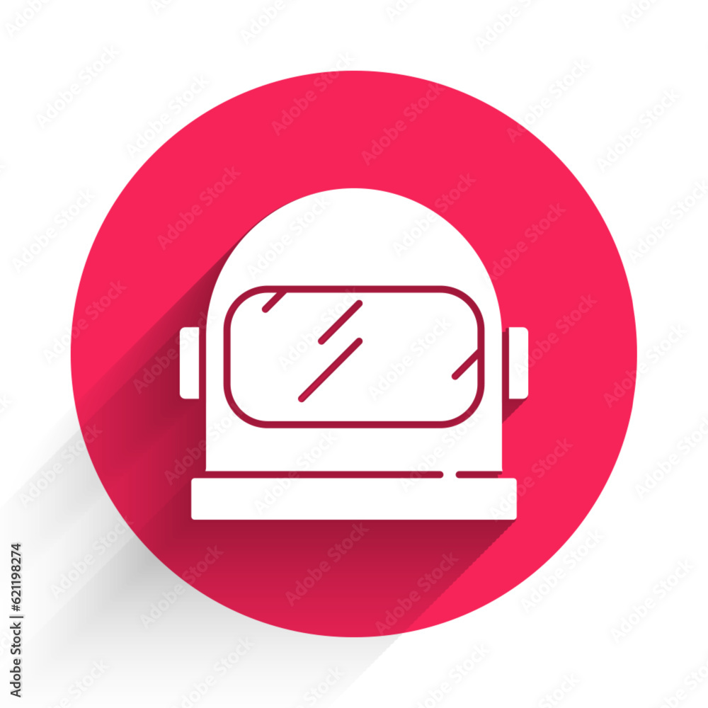 Poster white astronaut helmet icon isolated with long shadow. red circle button. vector