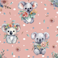 Pattern of cute koalas in hats. Pattern for children's clothes. Cartoon animals on a coloured background for printing on paper, textiles, postcards © Anastasiia