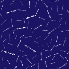 White Medieval spear icon isolated seamless pattern on blue background. Medieval weapon. Vector