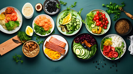 Fototapeta na wymiar Assortment of healthy food dishes. Top view. Free space for your text.