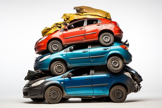 A stack of recycled cars on a white background, Generative Ai