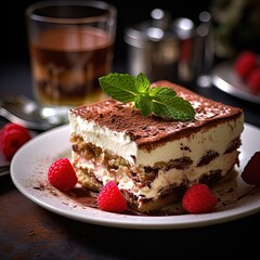 Italian tiramisu realistic, culinary photography, delicious, vibrant colors, natural lighting, appetizing mood, indoor setting