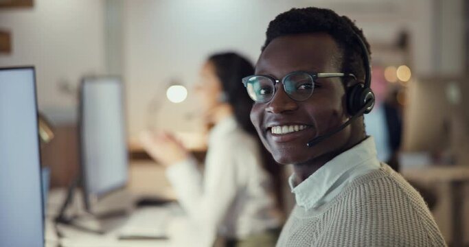 Portrait of callcenter agent, smile and black man consulting with advice, sales or help desk worker in headset. Phone call, telecom office and happy customer support consultant at crm service agency