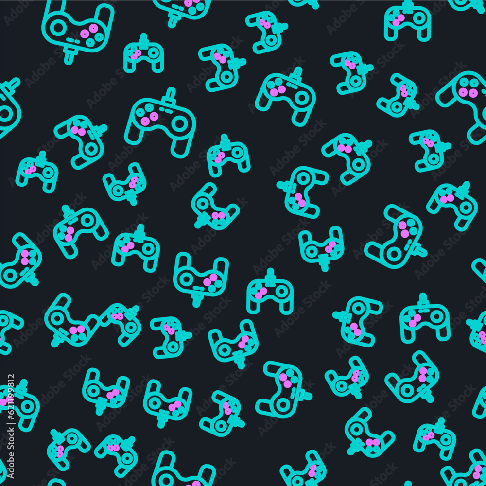 Poster line gamepad icon isolated seamless pattern on black background. game controller. vector