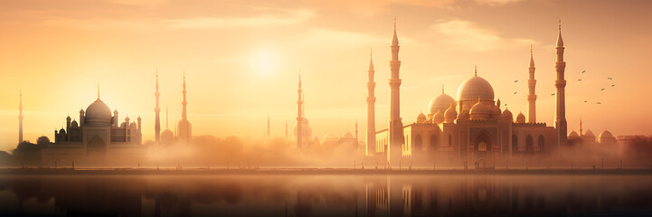 Morning Light Landscape of a Mosque City. Blurred Sunrise Sky Background with Dust, Sunset Glow, and Daytime Sky