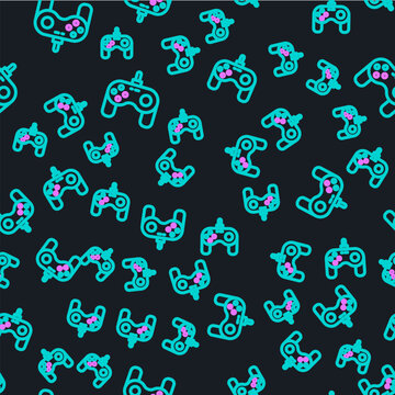 Line Gamepad icon isolated seamless pattern on black background. Game controller. Vector