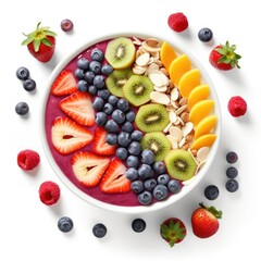 colorful smoothie bowl with different fruits on white background - top view created using generative AI tools