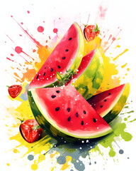 Summer Watermelon Watercolor Art. Juicy and bright summer posters, banners, covers, or labels with fruits painted in watercolor with blots and splashes of paint