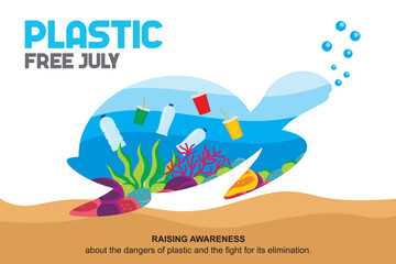 Plastic free july background banner poster and card design template celebrated in july. Environmental banner for plastic waste