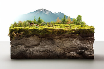 Piece of island with soil, stone and grass layers on isolated white background, generative ai