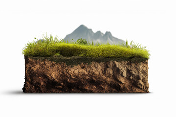 Piece of island with soil, stone and grass layers on isolated white background, generative ai