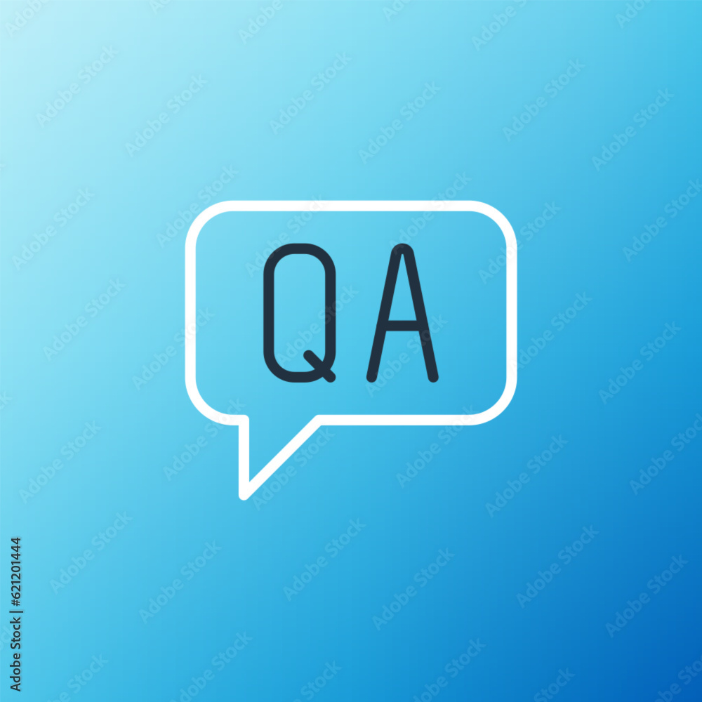 Poster Line Speech bubbles with Question and Answer icon isolated on blue background. Q and A symbol. FAQ sign. Chat speech bubble and chart. Colorful outline concept. Vector