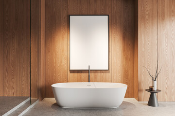 Fototapeta na wymiar Stylish bathroom interior with bathtub and accessories. Mockup frame