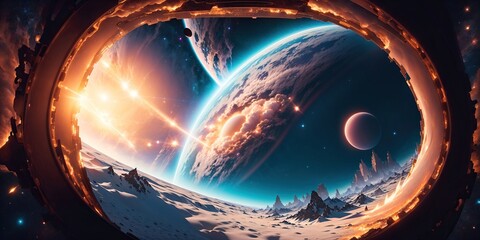 Abstract planet with a view to the galaxy, mythical landscape.