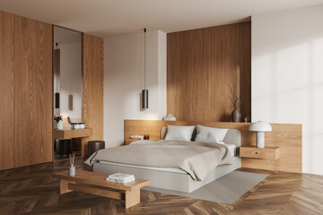 Beige bedroom interior with bed and stylish decoration, dressing table and mirror