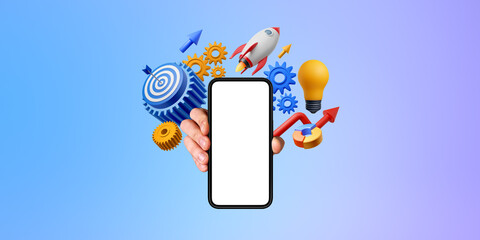 Man hand with phone mock up screen, start up icons on gradient background