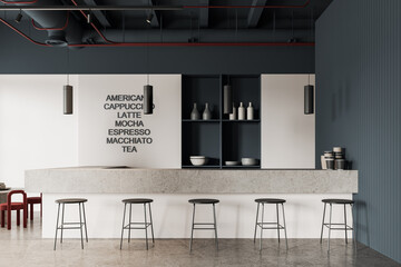 Colored coffee shop interior with bar countertop, dishes and lettering decor
