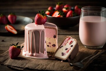 delicious slice of cake next to a refreshing glass of milk. Generative AI