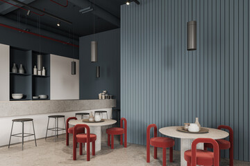 White and blue coffee shop corner with bar and tables