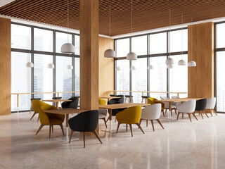 Modern cafe interior with seats and table in row, dining space with window
