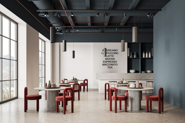 Stylish coffee shop interior with eating table and chairs, bar island and window