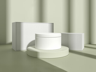 Cream jar with boxes on green shadow background, mockup for product display