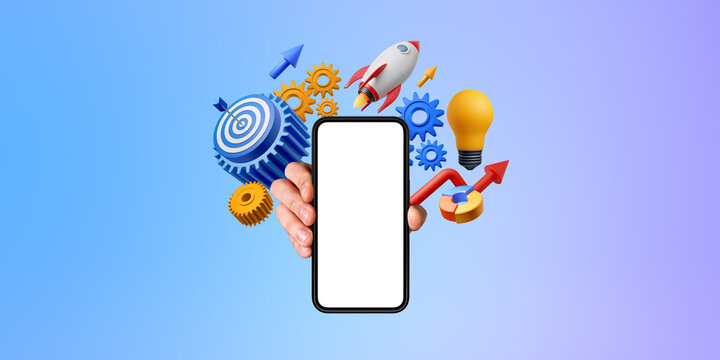 Man hand with phone mock up screen, start up icons on gradient background
