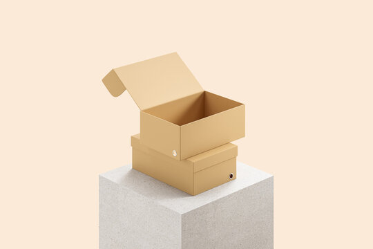 Open carton box on a stone platform on pink background. Mockup product display