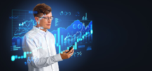 Businessman working with phone in hand, forex diagrams and financial dashboard
