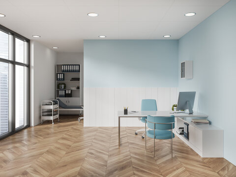 Blue and white doctor office interior