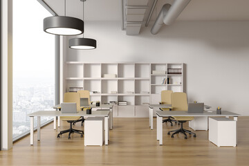 Educational interior with table and chairs, shelf and panoramic window