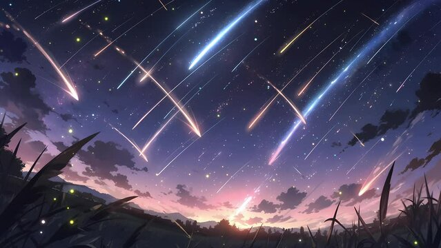 Meteor streak across the vast sky at night. Japanese anime background. Seamless looping video