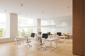 Business office interior with workplace and conference room, panoramic window