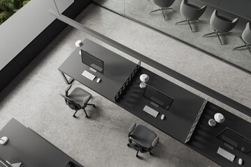 Top view of office interior with desk and chairs, work zone and conference room