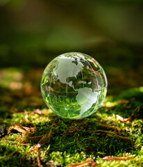 glass earth globe in forest. - 621202472