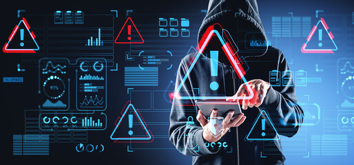 Hacker attack system using tablet in hand, warning sign hologram with icons