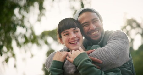 Face, hug and couple outdoor, love and happiness with support, bonding or romantic gesture. Portrait, man or woman in a park, relationship or marriage with romance, embrace or funny with quality time