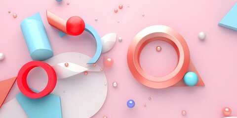 chaotic composition with geometric elements. Paper, tubes, torus on pastel background for social media banners and promotion. Blue, pink and white colors trendy design, AI Generative