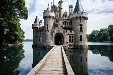 Fototapeta premium A serene view of the castle reflected in a tranquil lake, creating a sense of harmony and tranquility