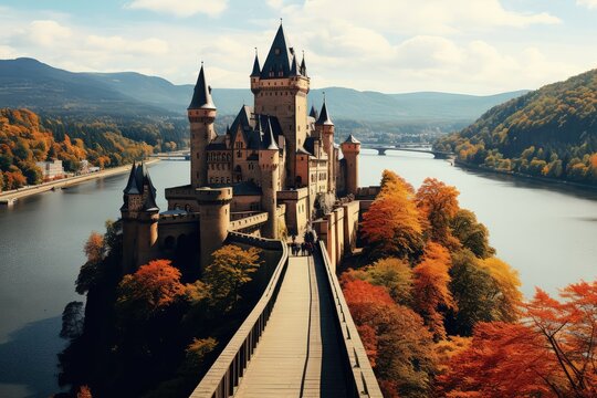 A panoramic view of the castle at sunset, with vibrant colors painting the sky and casting a warm glow on the castle's towers and walls
