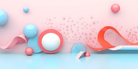chaotic composition with geometric elements. Paper, tubes, torus on pastel background for social media banners and promotion. Blue, pink and white colors trendy design, AI Generative