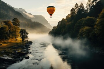 An exhilarating shot of a hot air balloon floating above a deep canyon, with the balloon's shadow cast on the rocky walls, showcasing the daring spirit of exploration