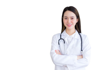 Fototapeta premium Professional Asian woman doctor wearing a white robe and stethoscope standing with arms crossed happy and smile at the examination room in the hospital while isolated on white background.