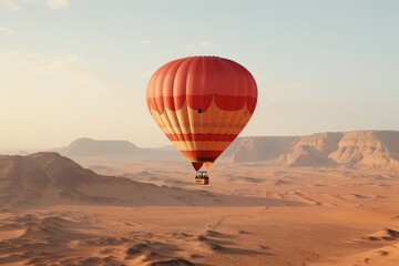 A panoramic view from a hot air balloon basket, capturing the vastness of a desert landscape with rolling sand dunes and a golden sunset in the distance